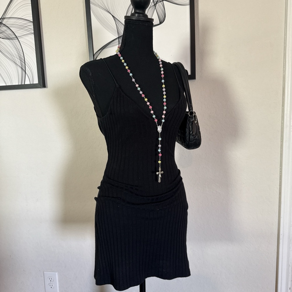 Kendall & Kylie Ribbed Bodycon V Neckline Micro Strap Black Mini Dress